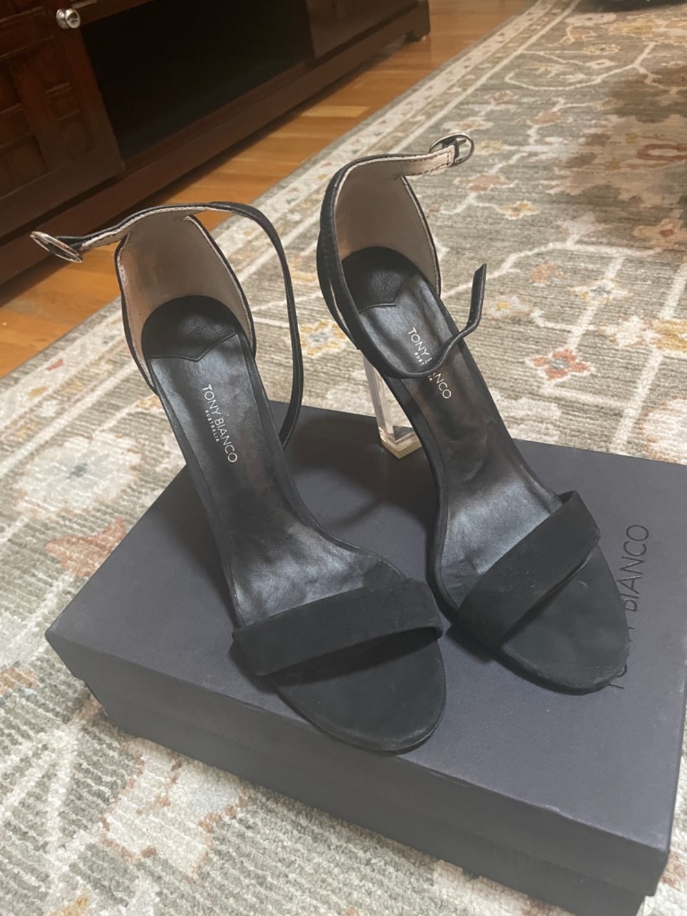 Tony Bianco Black Suede Ankle-Strap with clear Heels